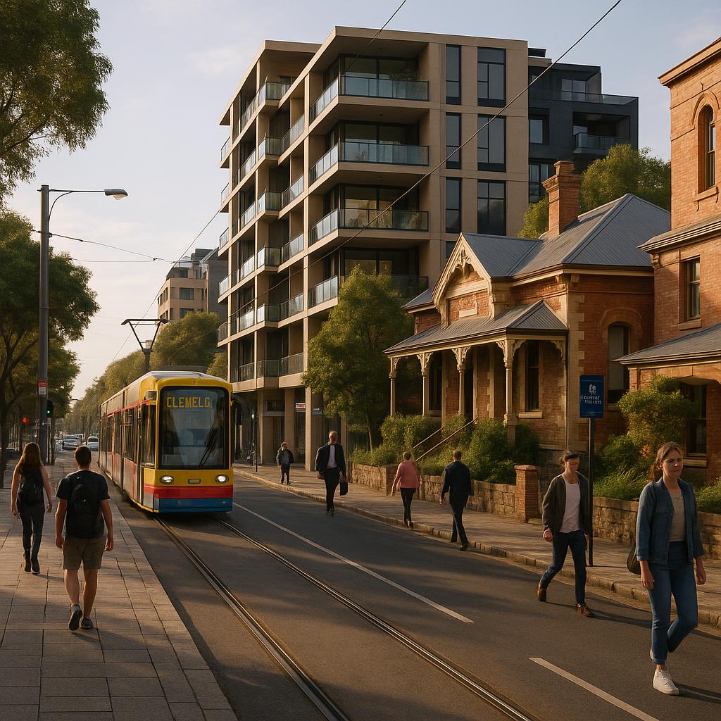 Adelaide inner-city university precinct with apartments, character homes, and transport access