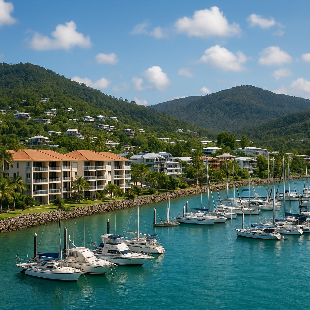 Airlie Beach marina and coastal hillside, Whitsundays