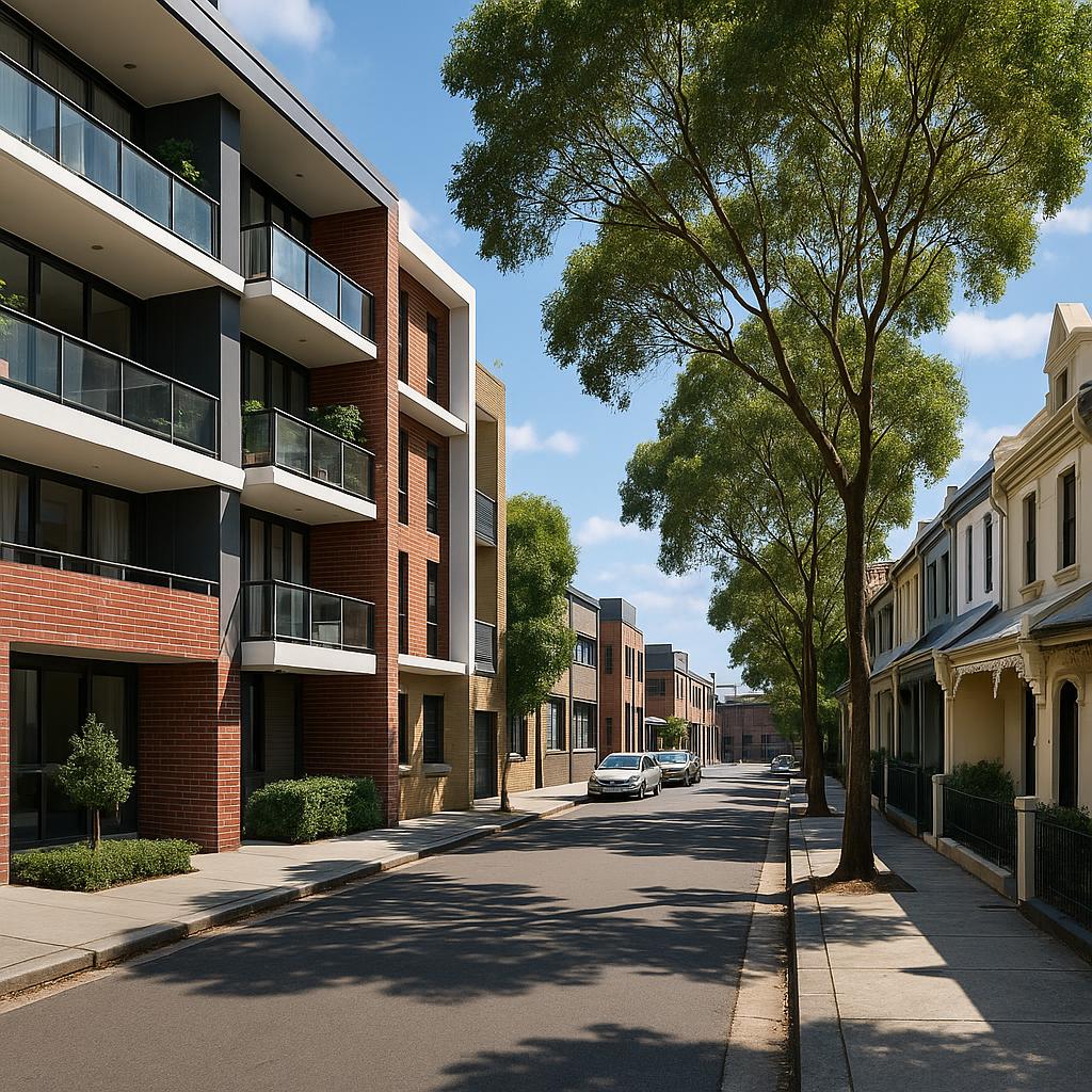 Alexandria inner-south Sydney streetscape with apartments and terraces