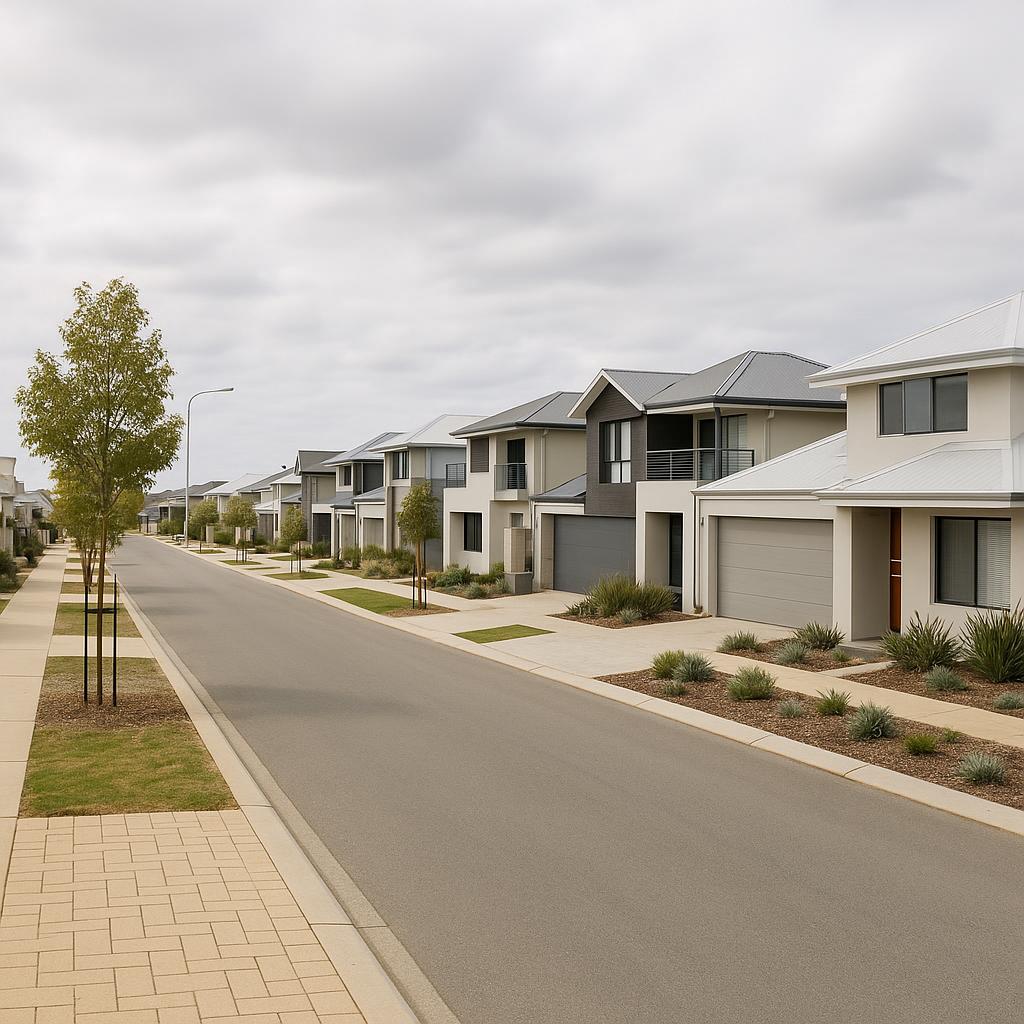 Modern Alkimos WA suburban streetscape with detached homes and a coastal feel