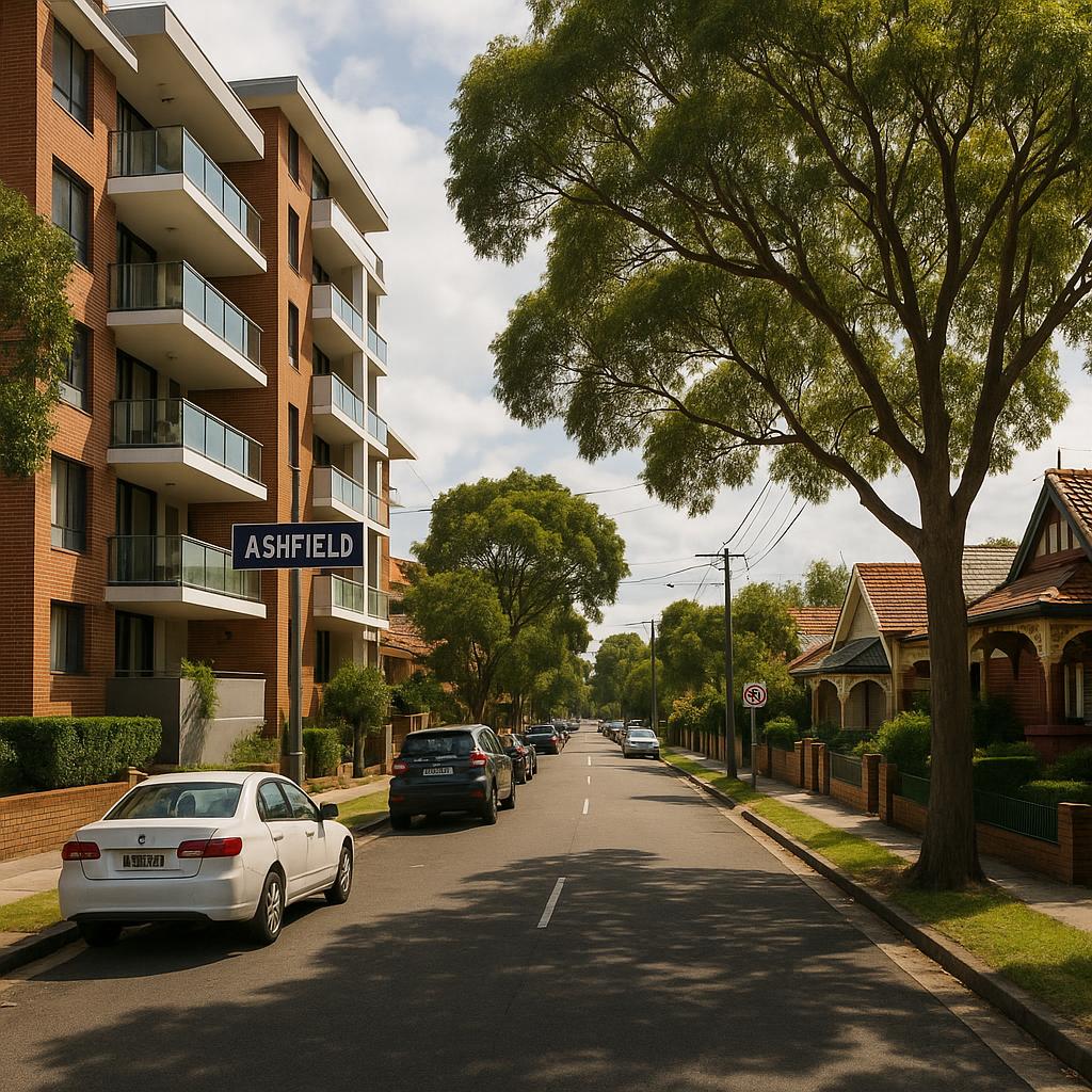 Ashfield inner-west Sydney streetscape with apartments and heritage homes