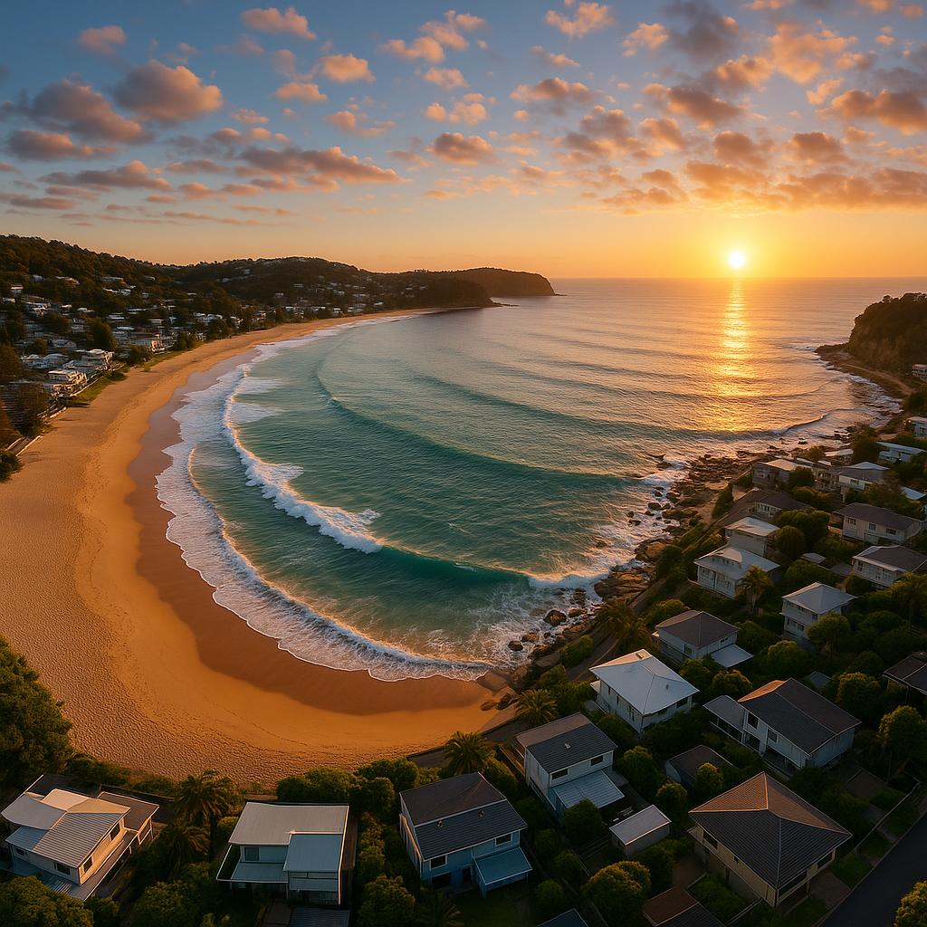 Scenic view of Avoca Beach at sunrise