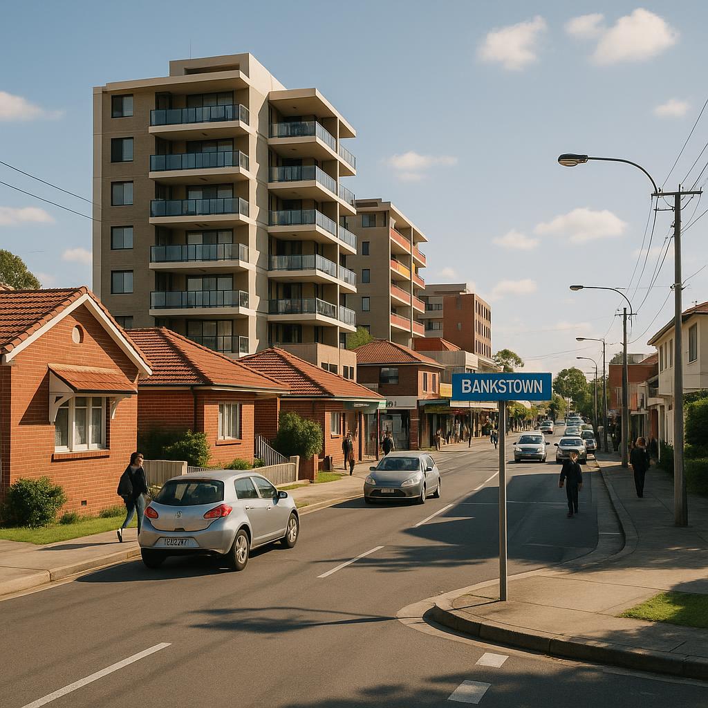 Bankstown NSW streetscape with mixed housing and local centre feel