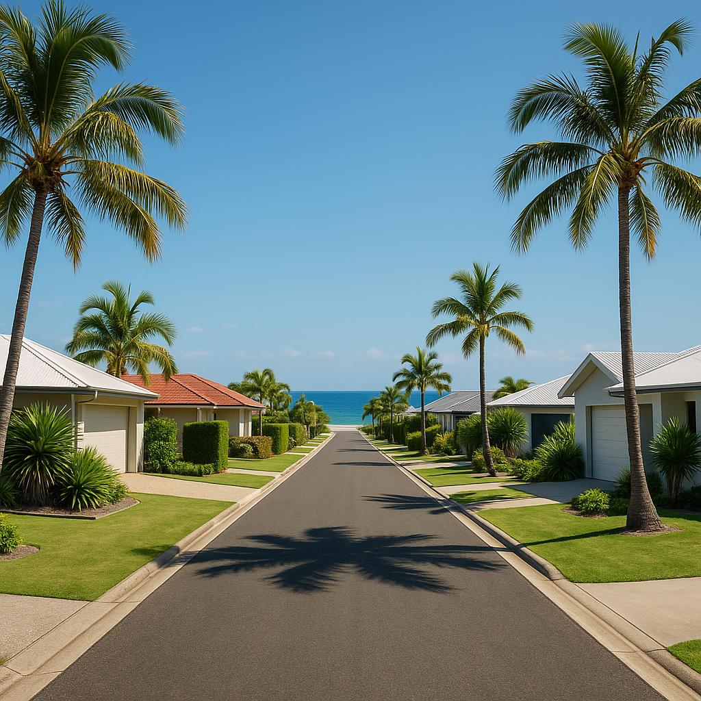 Coastal Queensland residential street near the ocean with neat homes and greenery
