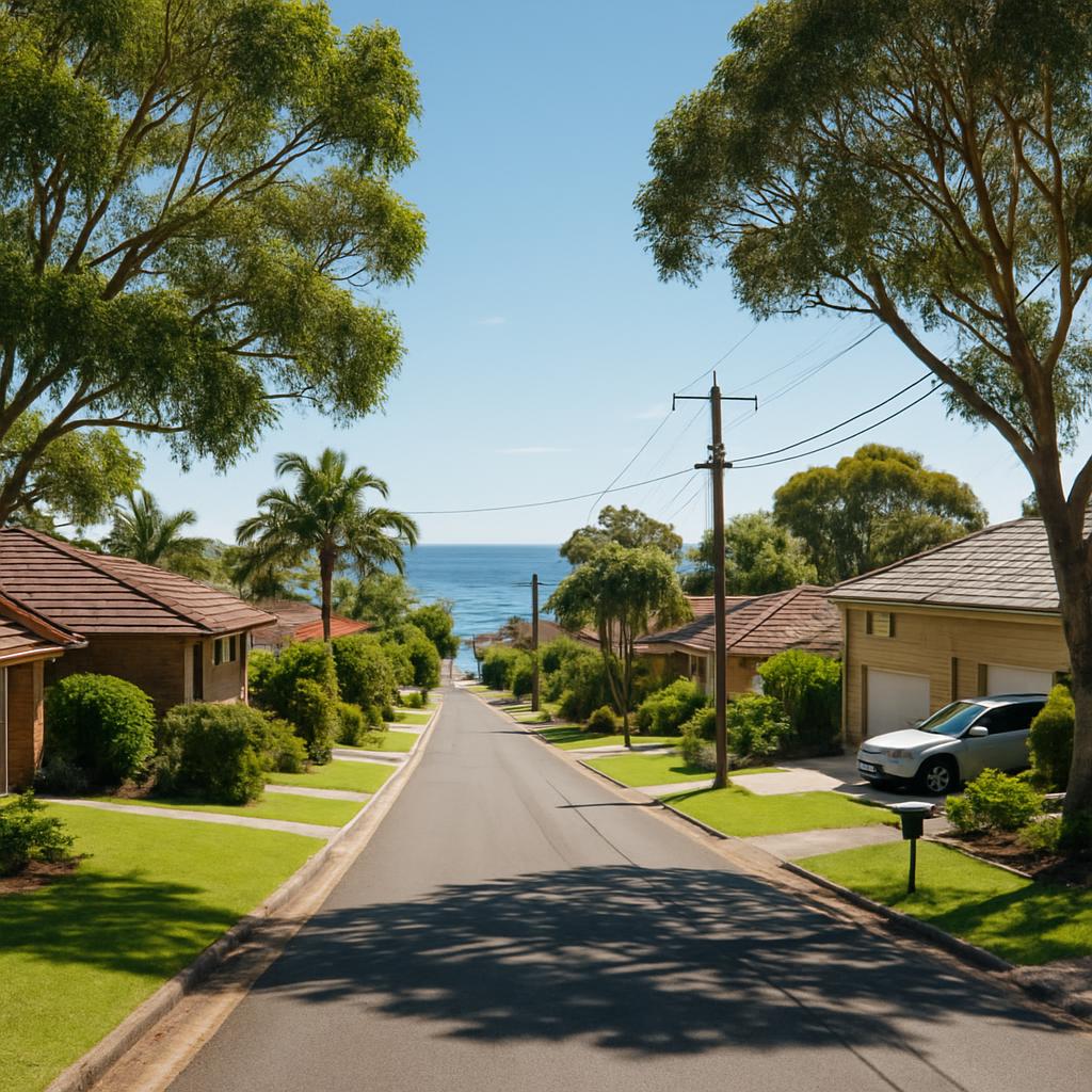 Coastal suburban street in Bateau Bay NSW with family homes and leafy surroundings