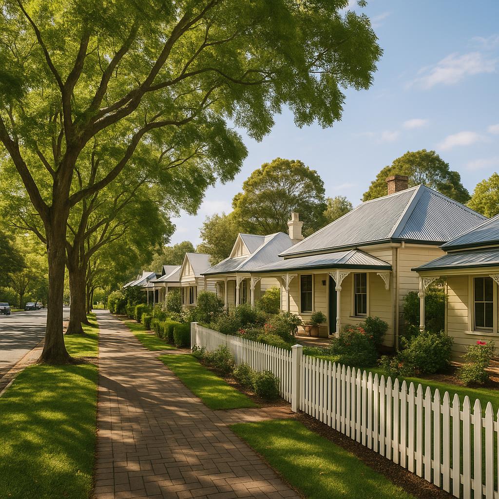 Berry village streetscape with heritage cottages and leafy sidewalks