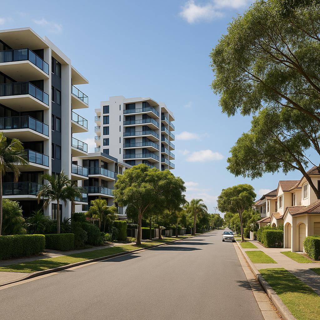 Biggera Waters streetscape showing mixed housing near the Gold Coast