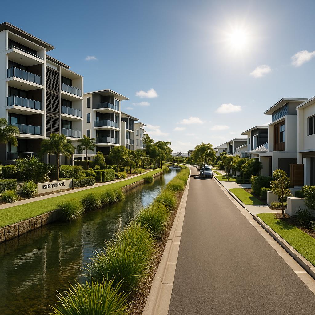 Modern Birtinya streetscape with apartments, townhouses, and waterways