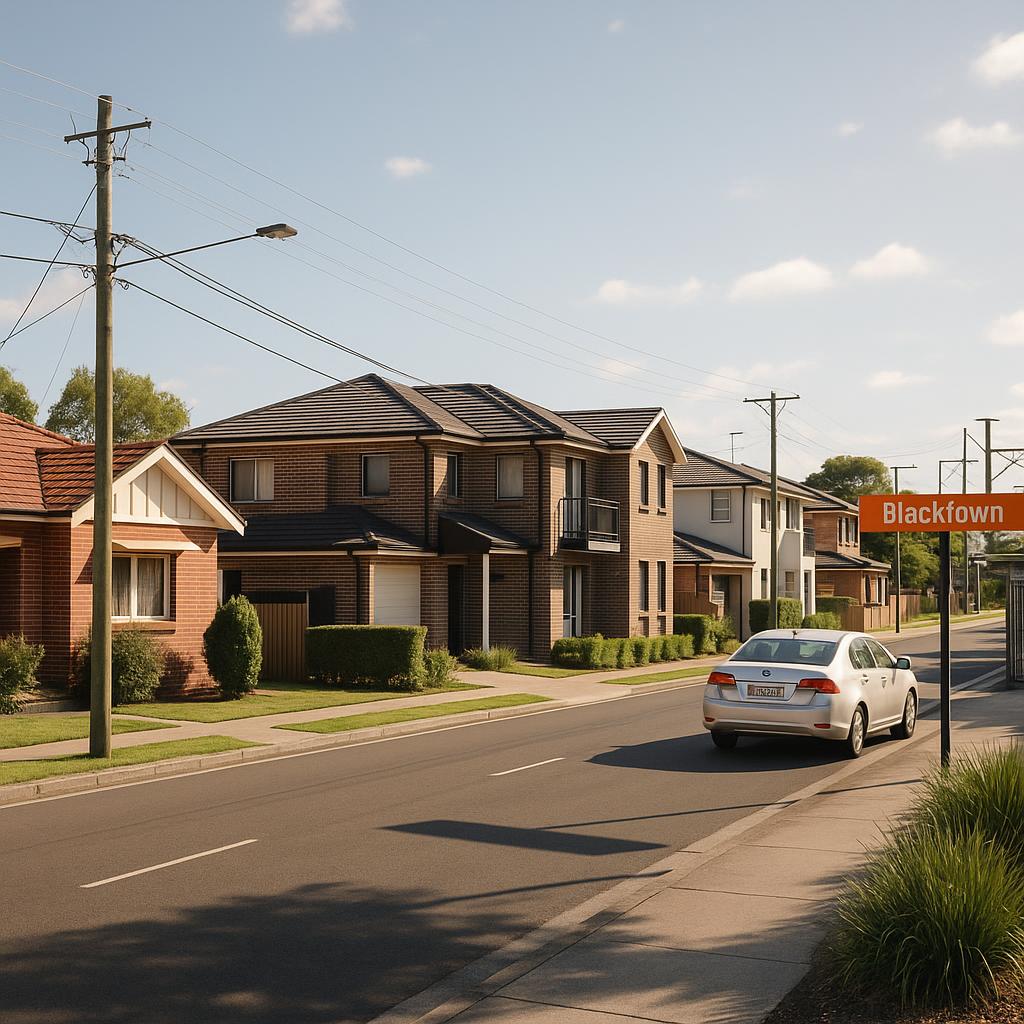 Photorealistic Blacktown streetscape with homes and commuter hub