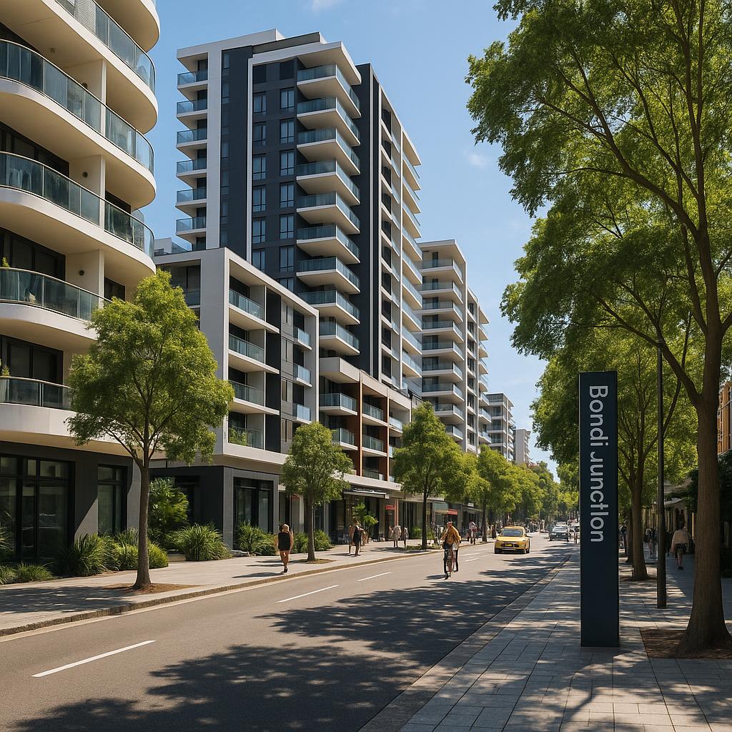 Bondi Junction NSW urban streetscape with apartments and leafy footpaths