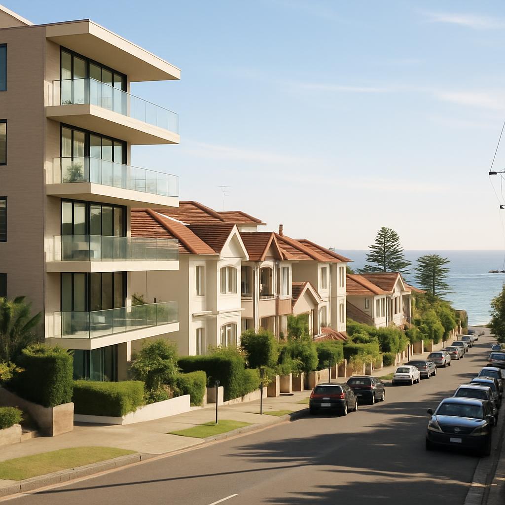 Bondi residential streetscape with coastal apartments and semis