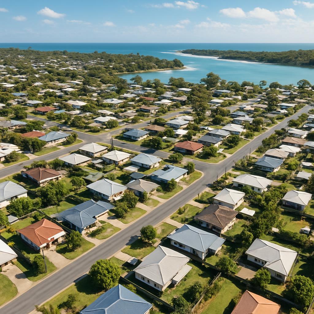 Coastal Queensland suburb with residential streets and water glimpses