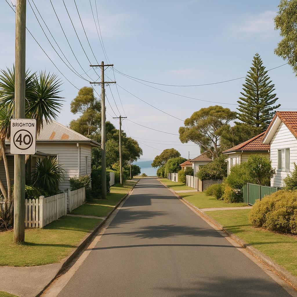 Brighton QLD bayside residential street with homes and greenery
