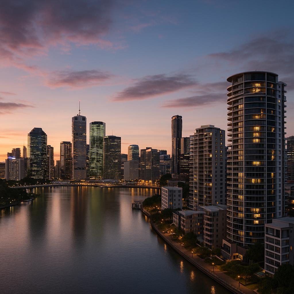 Brisbane City apartment skyline with CBD and river at dusk