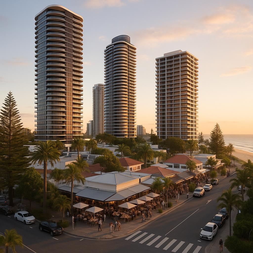 Broadbeach QLD coastal apartment precinct at golden hour