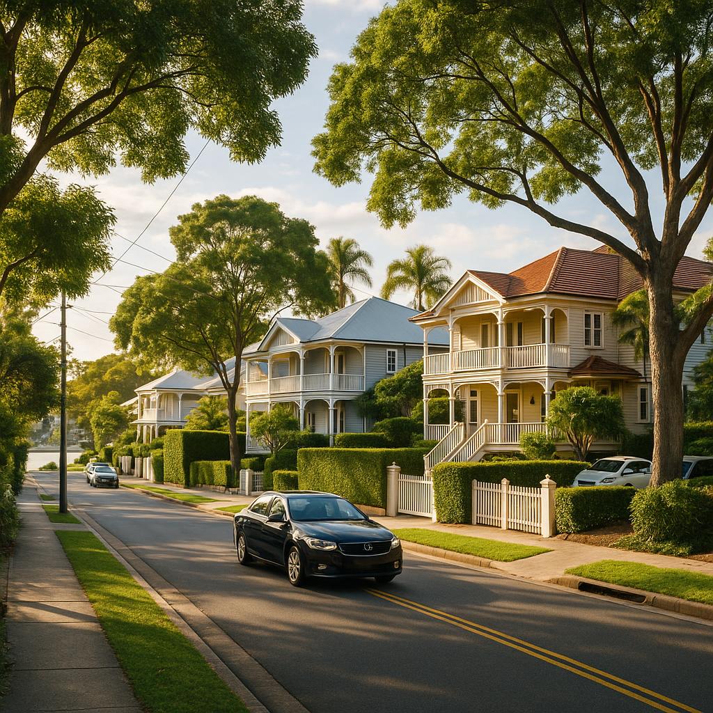 Bulimba-style leafy inner-east Brisbane streetscape with character homes