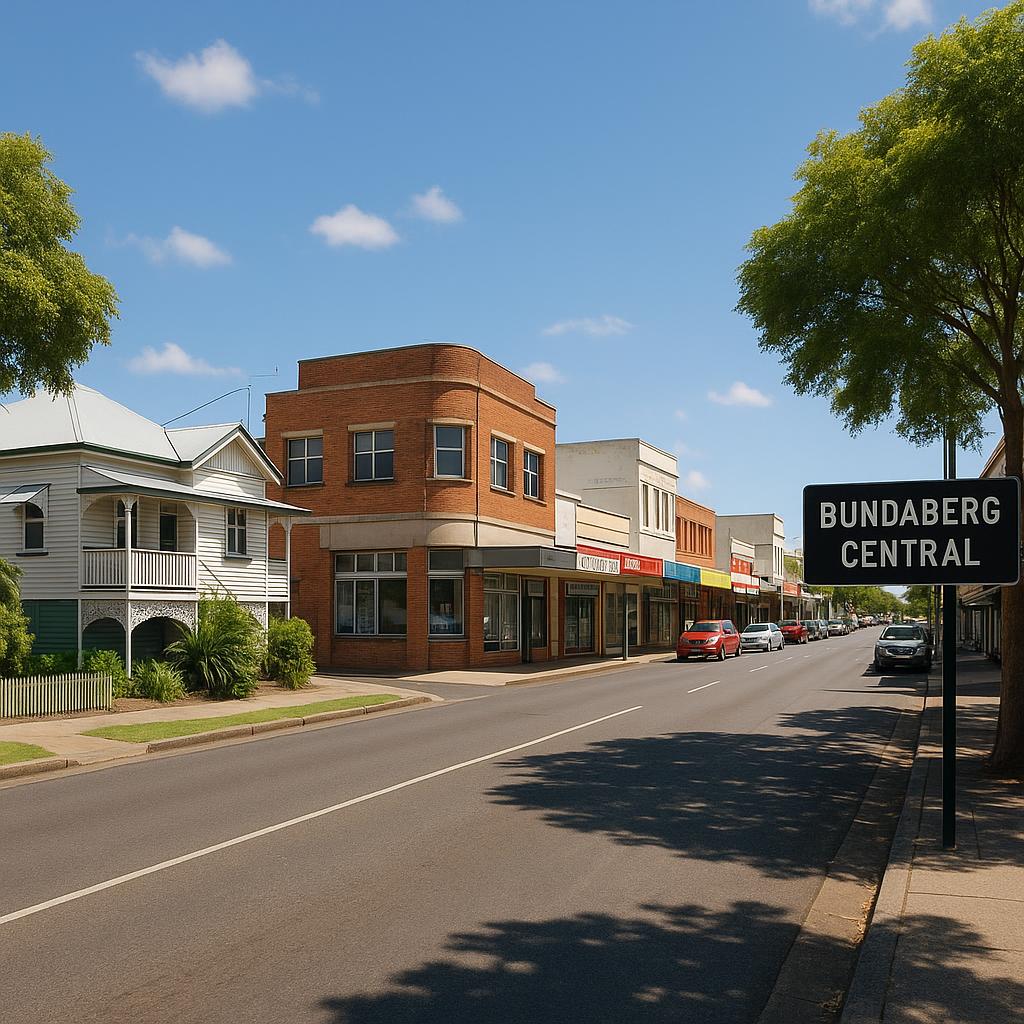Bundaberg Central CBD streetscape with mixed-use buildings and older homes