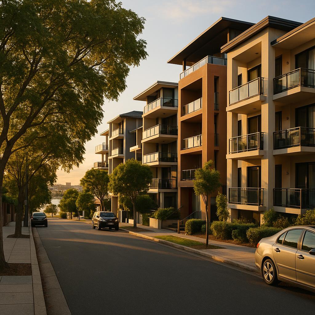 Modern Burswood WA apartment streetscape with leafy inner-city character