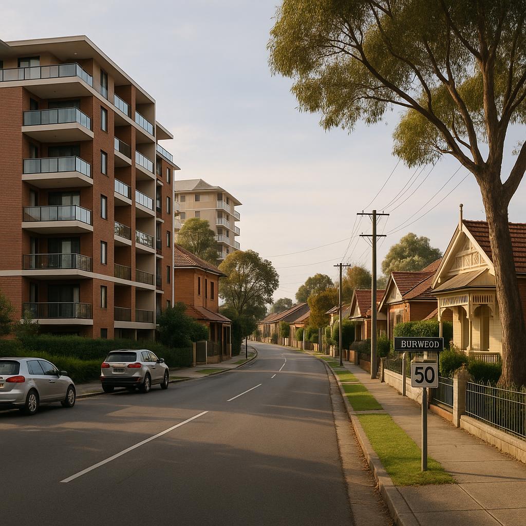 Burwood NSW residential streetscape with apartments and heritage homes