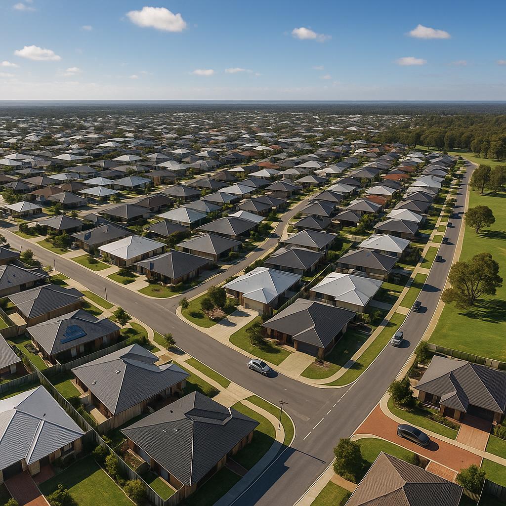 Aerial view of Byford-style suburban growth area with family homes and open space