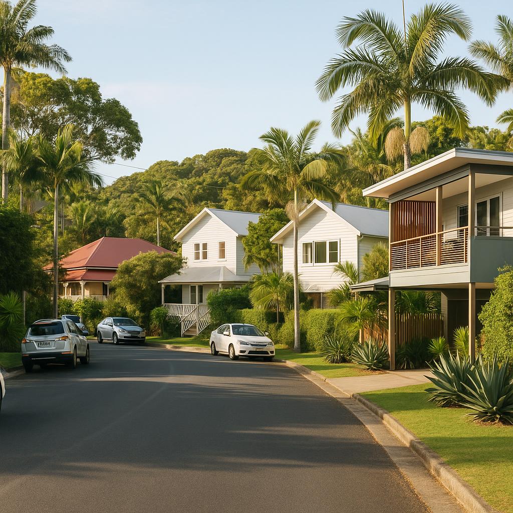 Byron Bay coastal streetscape with homes and greenery