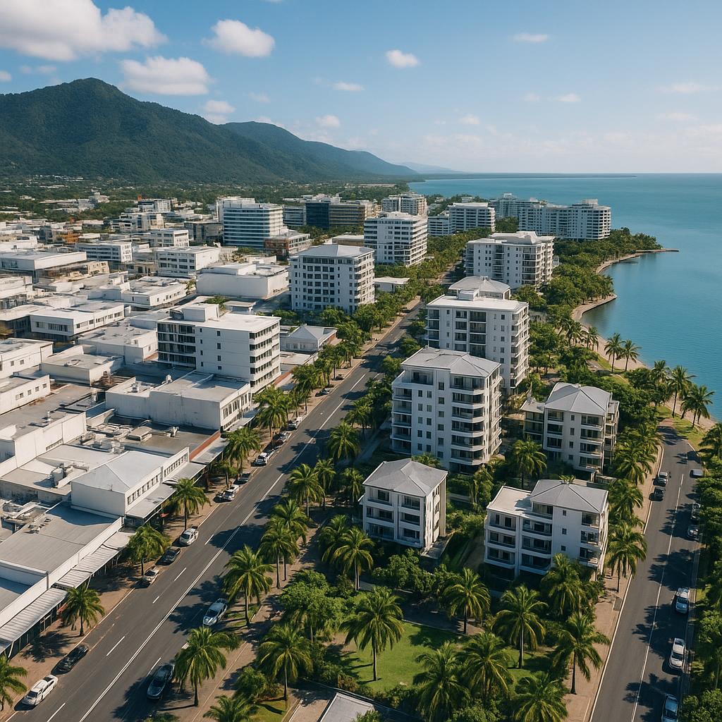 Aerial view of Cairns City CBD with apartments and waterfront nearby