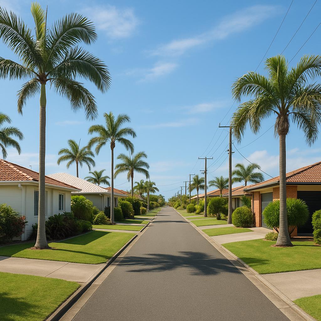 Caloundra coastal residential street with tidy homes and palms