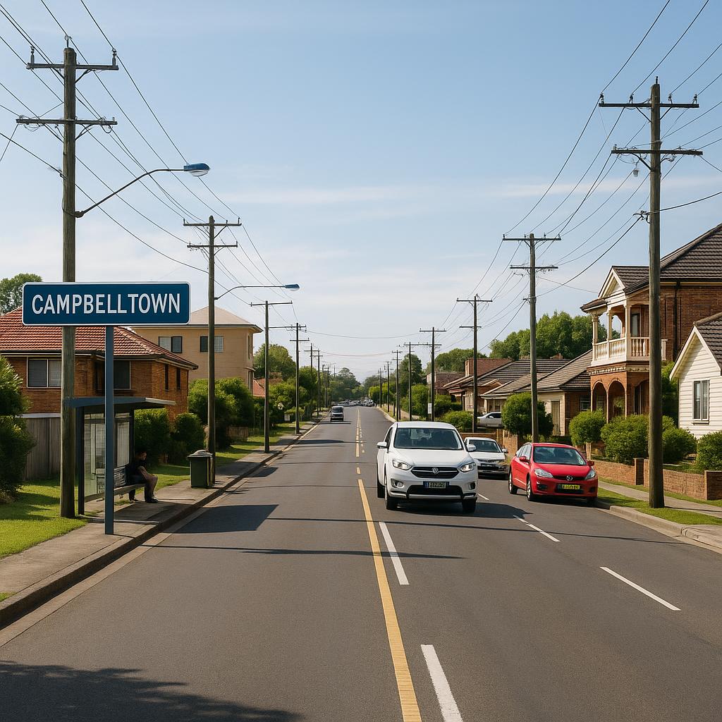 Campbelltown NSW streetscape with mixed housing and local amenity