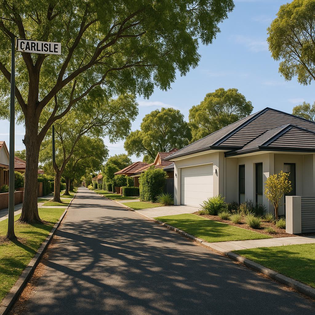 Carlisle WA suburban streetscape with established homes and leafy street