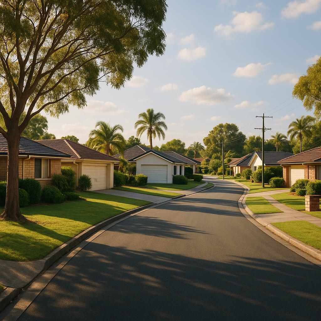 Carrara QLD suburban streetscape with detached homes and leafy appeal