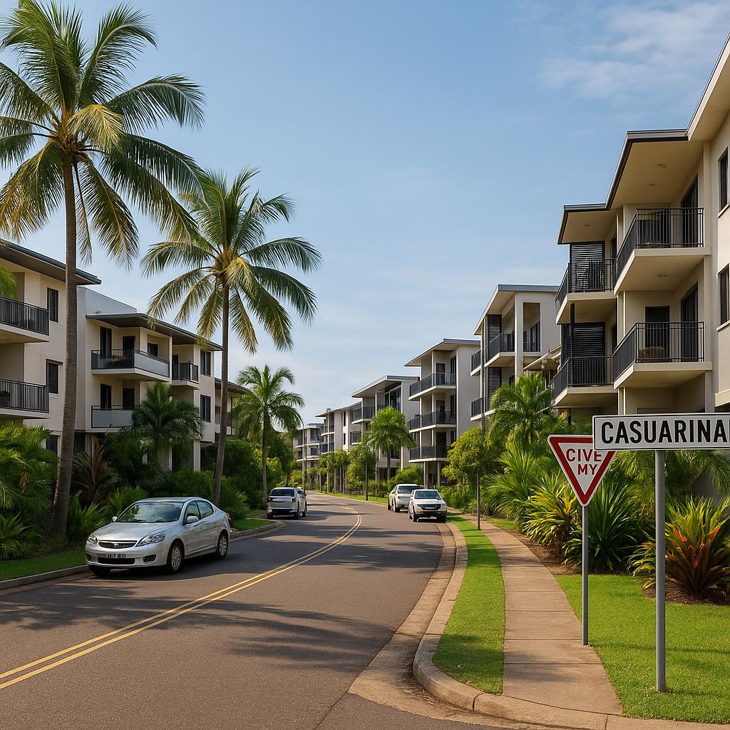 Casuarina NT streetscape with low-rise apartments and tropical greenery