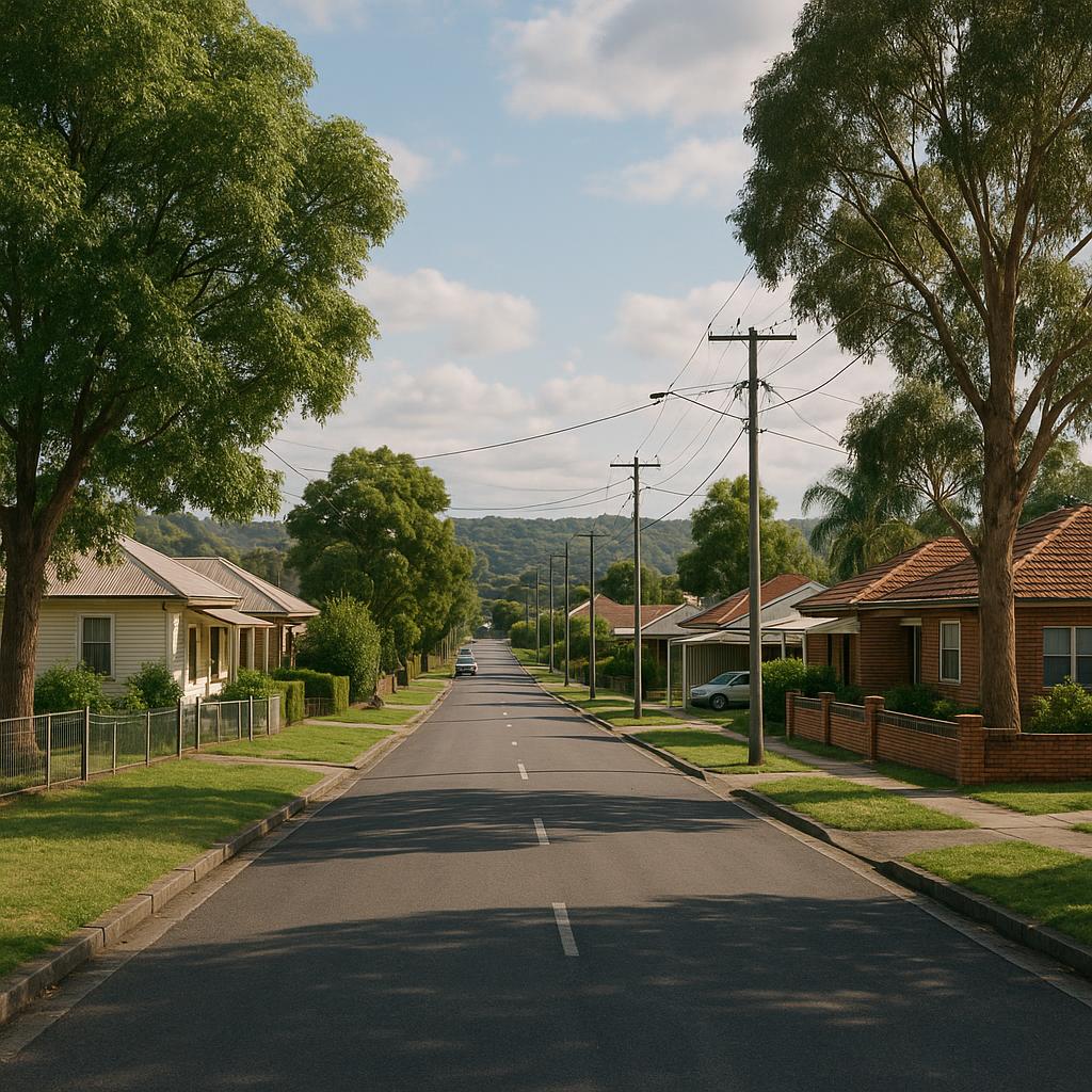Regional Hunter Valley residential street with established homes