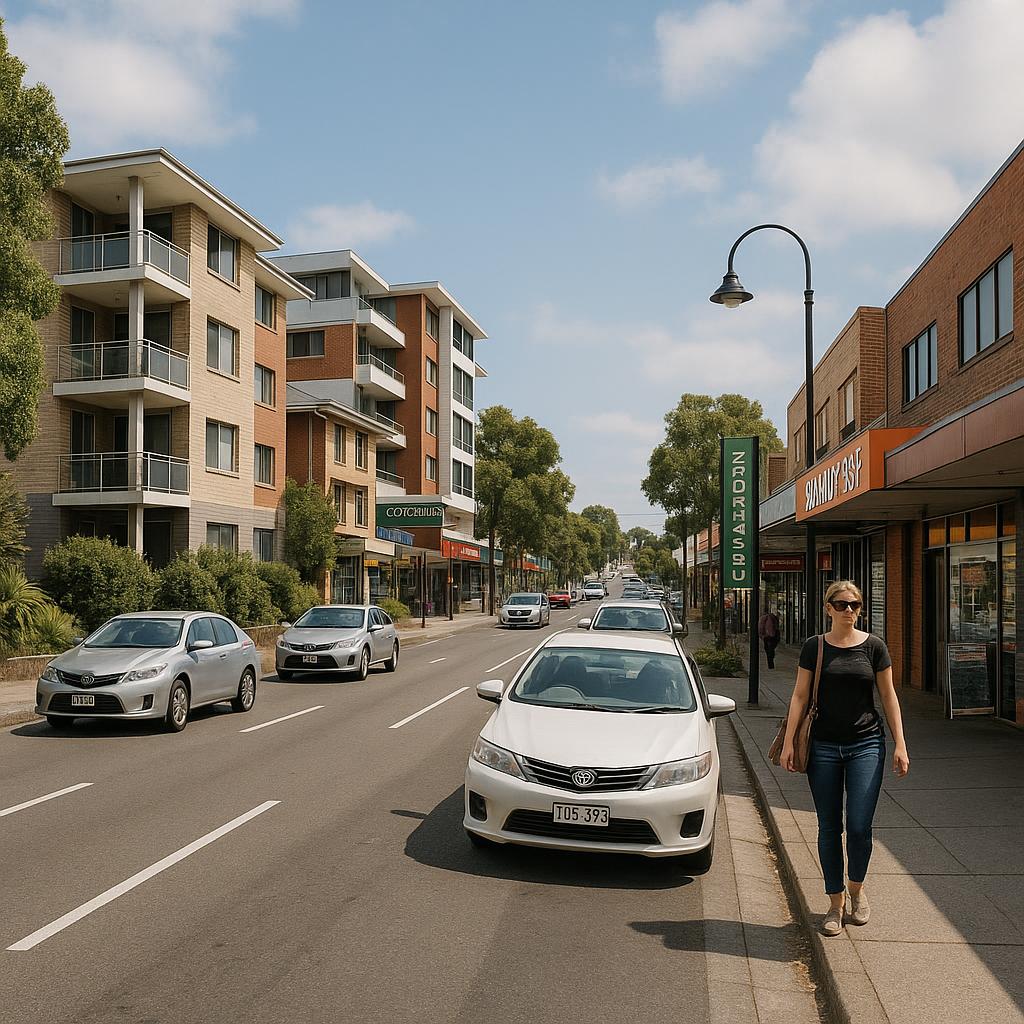 Charlestown NSW suburban streetscape with mixed housing and commercial convenience