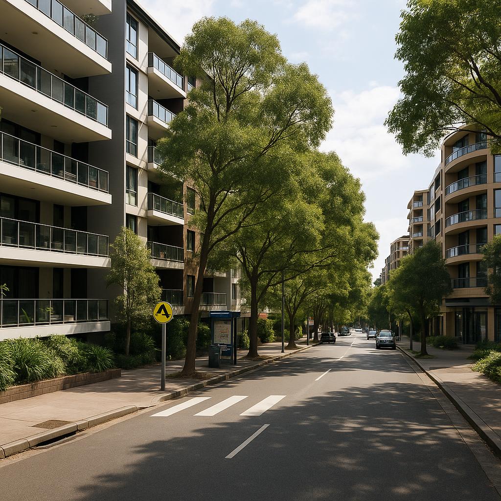 Chatswood-style North Shore apartment streetscape with leafy urban convenience