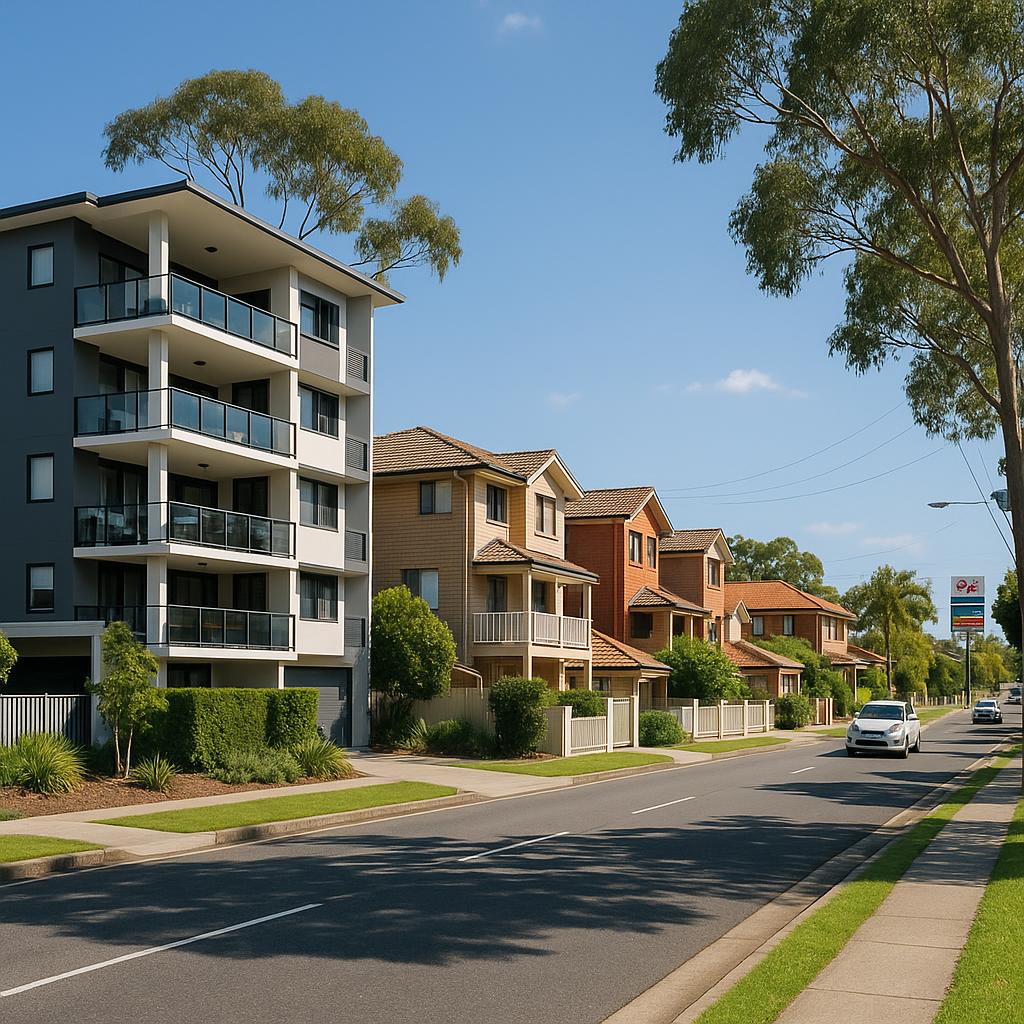Chermside Brisbane northside streetscape with apartments and townhouses