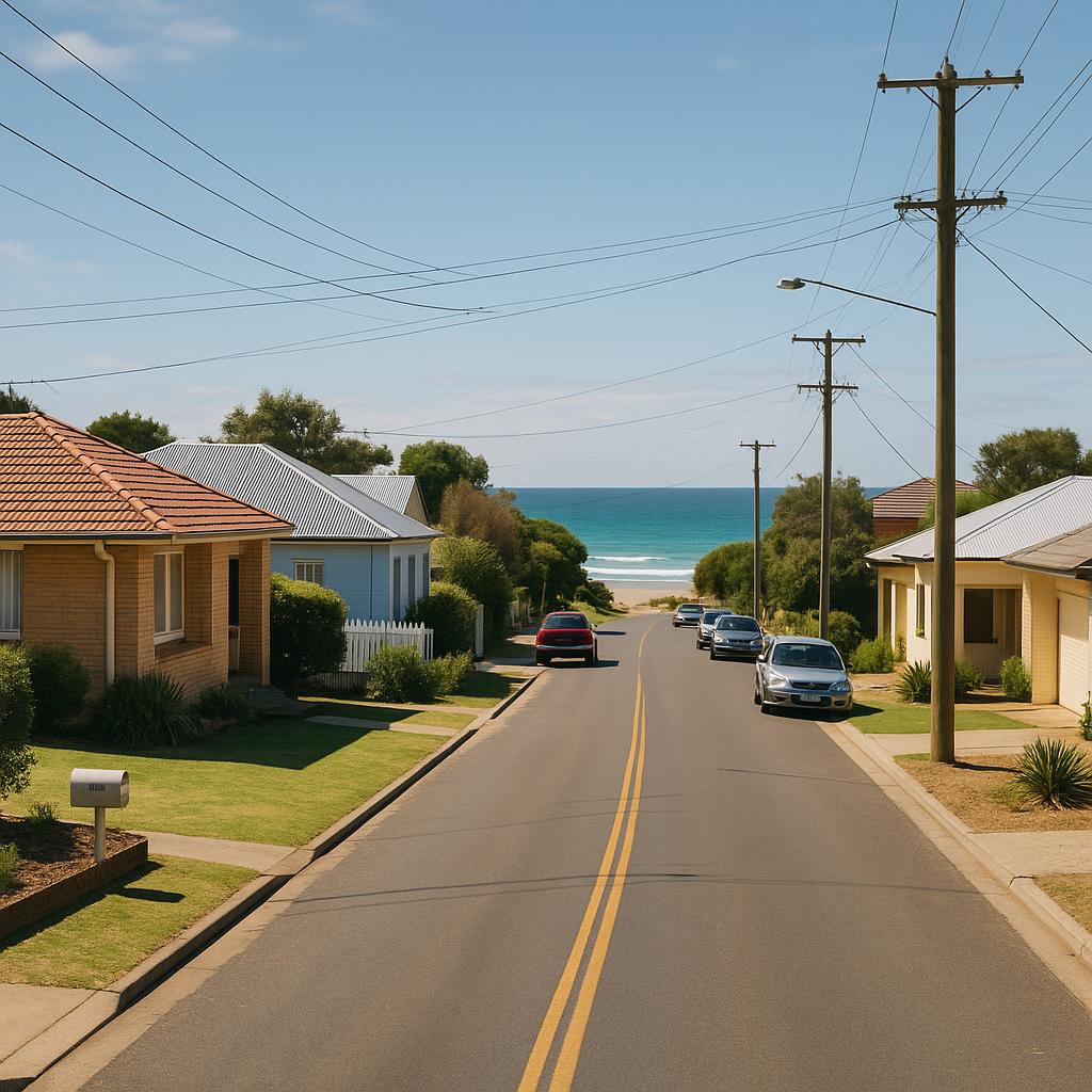 Coastal suburban streetscape in Christies Beach SA with modest homes near the beach