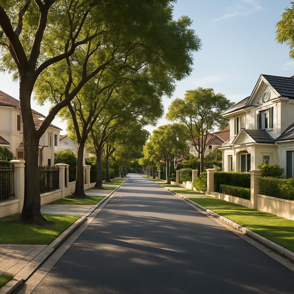 Elegant Claremont-style western suburbs streetscape with mature trees and premium homes