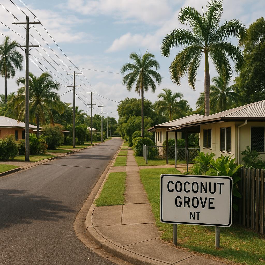 Established Coconut Grove NT streetscape with tropical greenery and low-rise homes