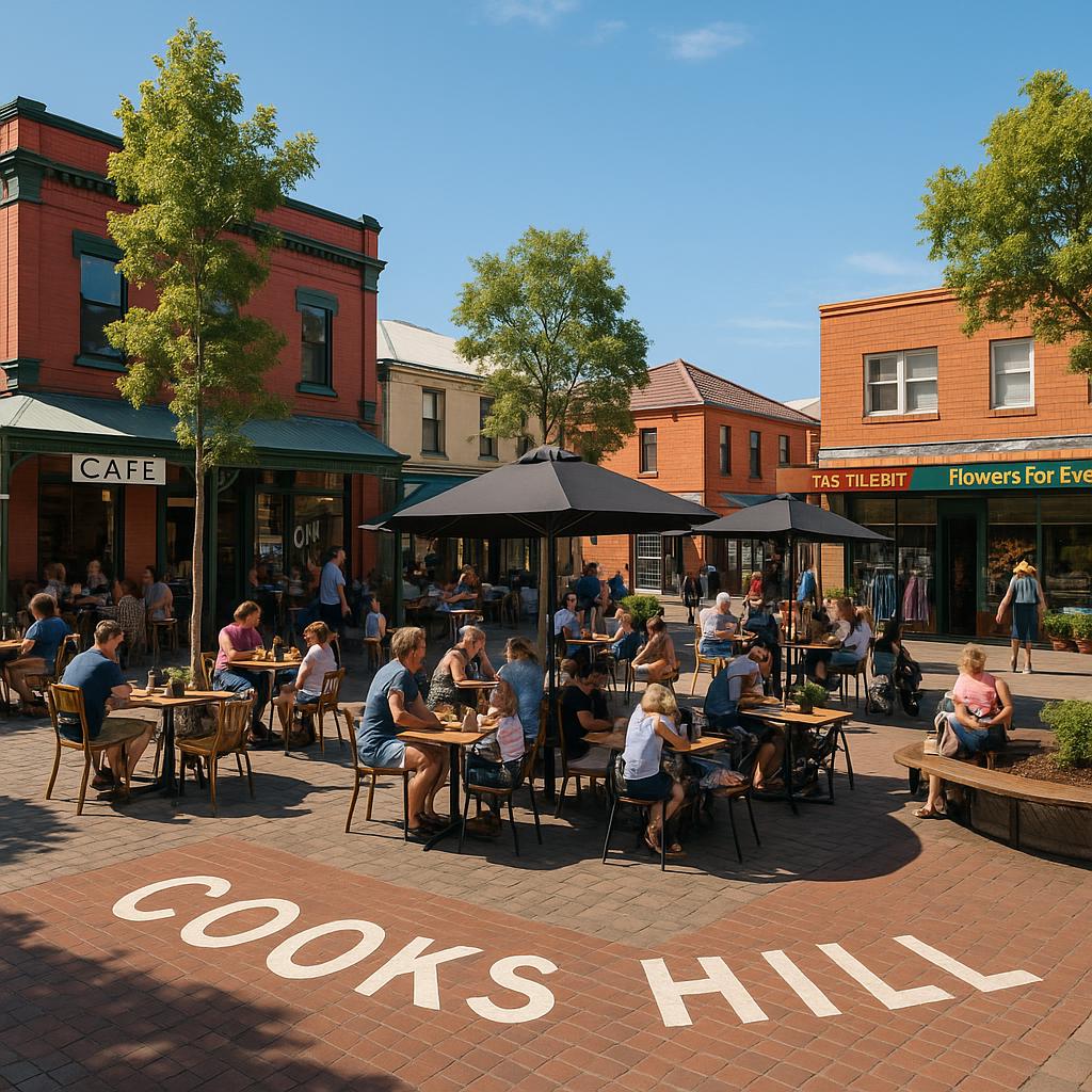 Community square in Cooks Hill with cafes and shops