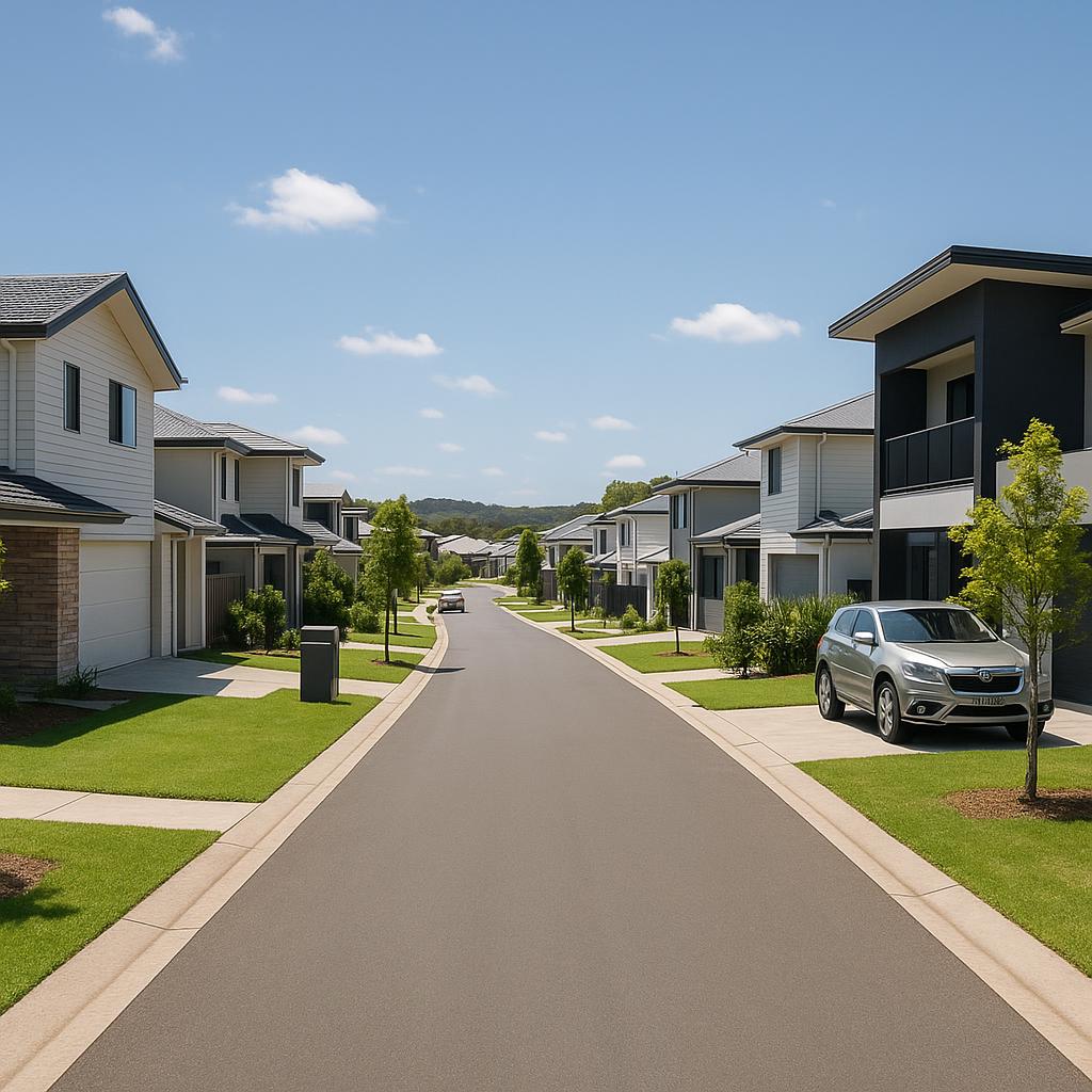 Modern Coomera estate streetscape with detached homes