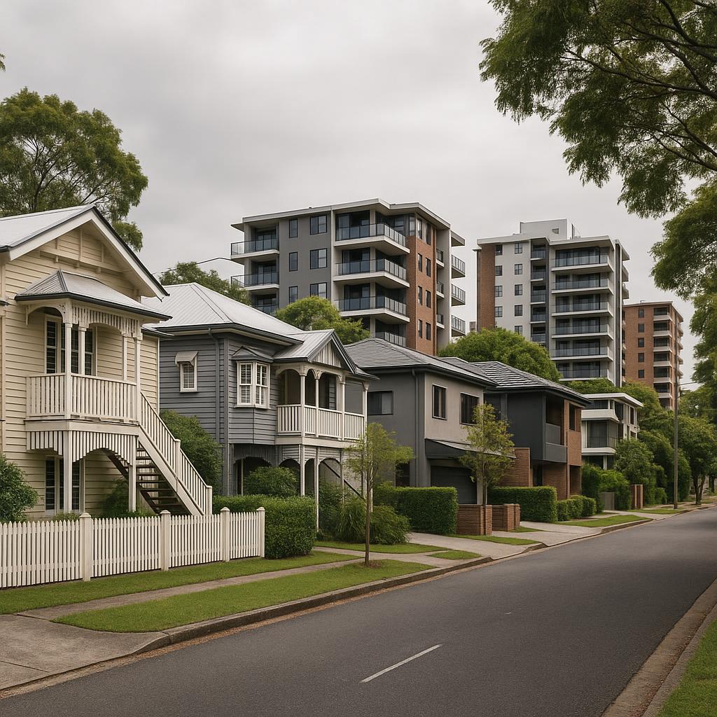Coorparoo streetscape with mixed housing types and leafy inner-south character