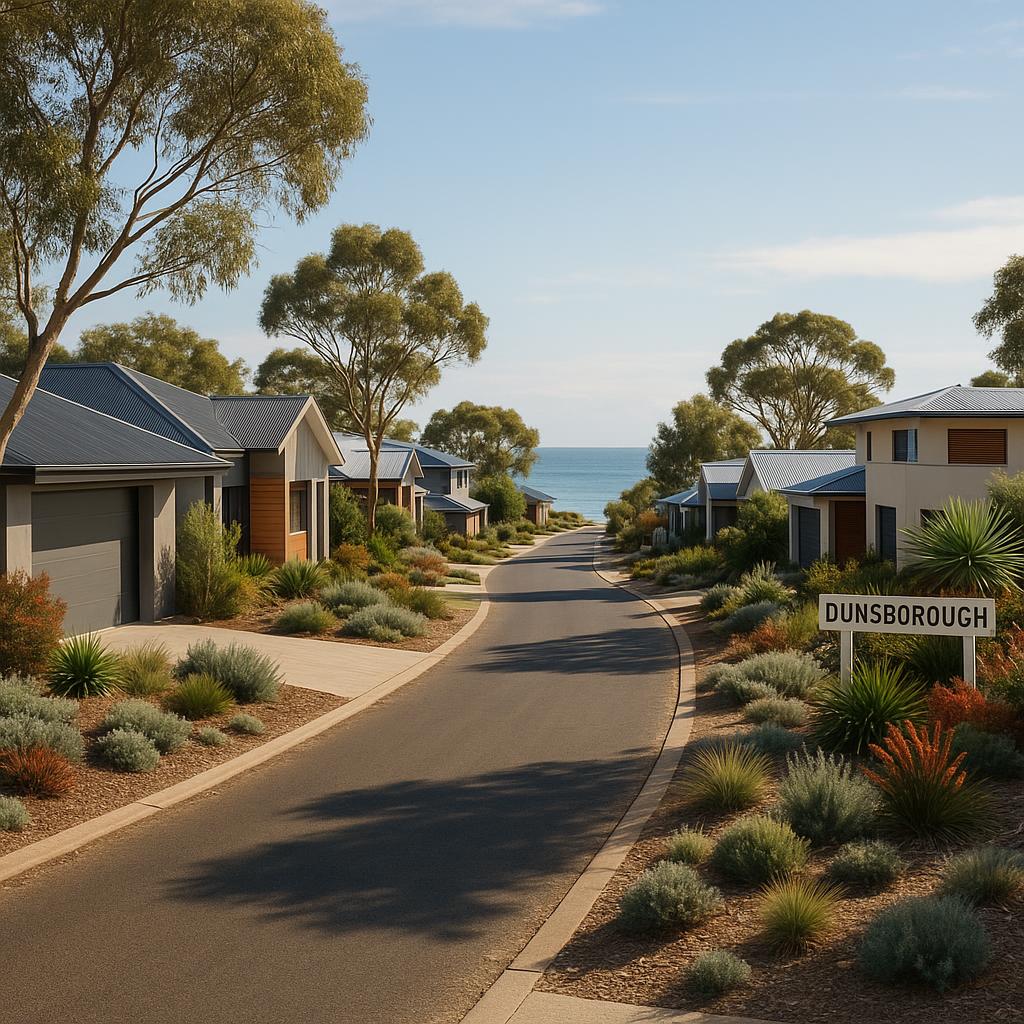 Dunsborough coastal suburb street scene with modern homes and native landscaping