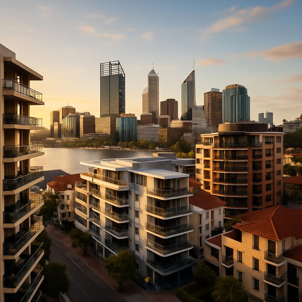 East Perth river-adjacent apartment skyline at golden hour