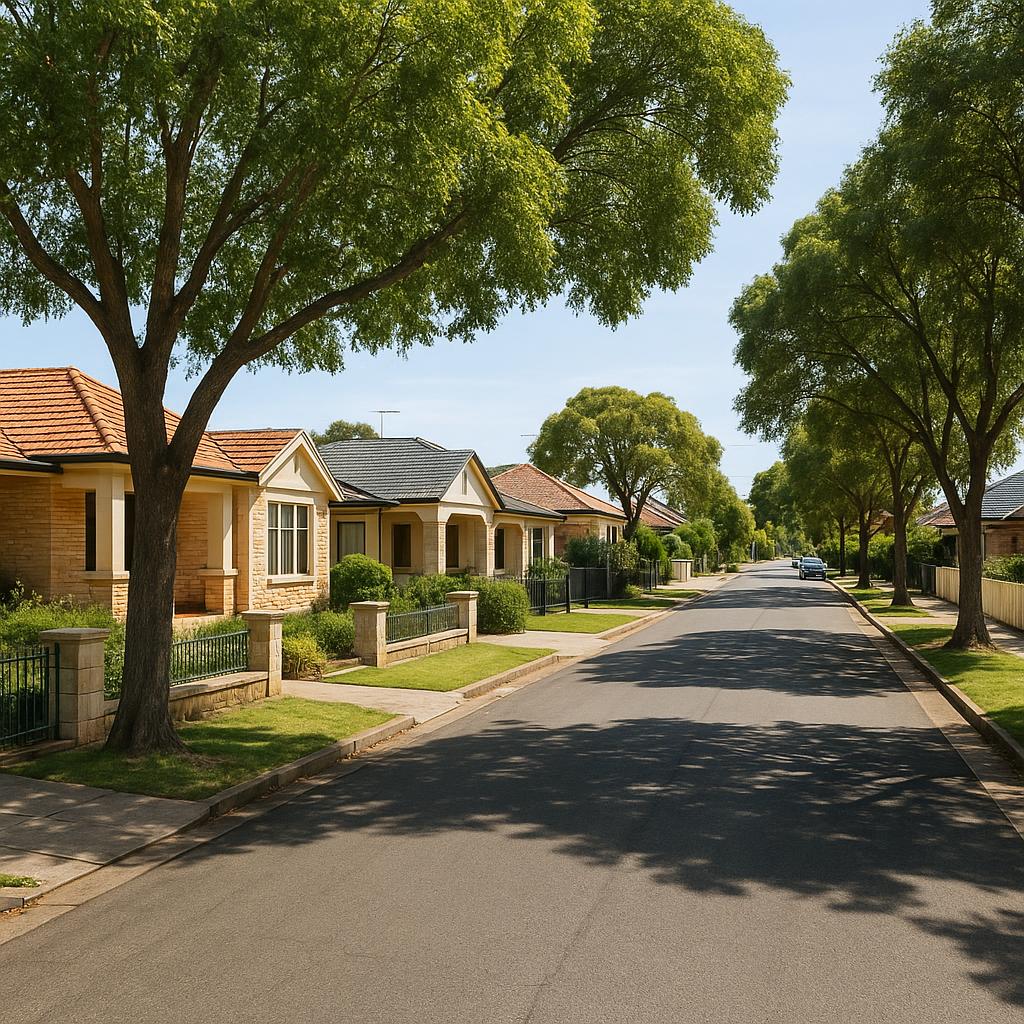 Photorealistic Enfield SA suburban street with established homes and trees