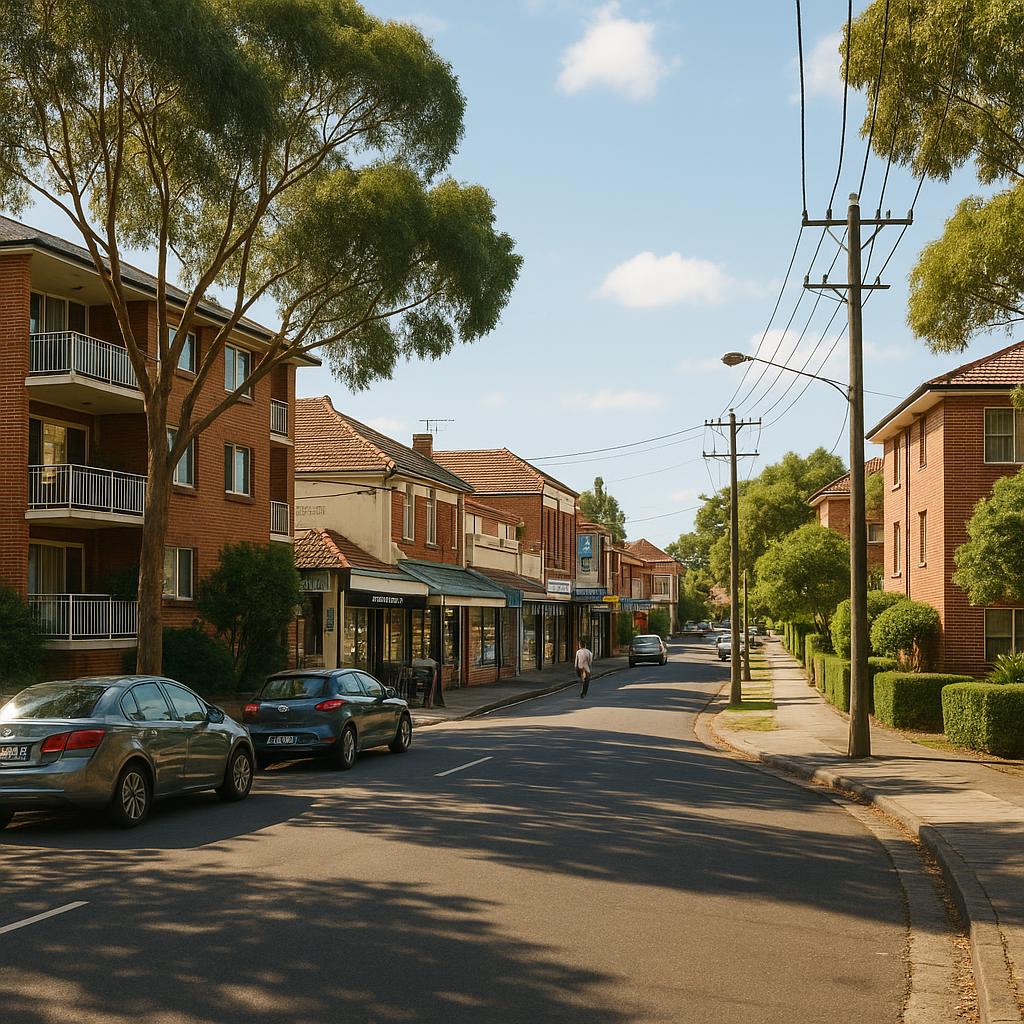 Five Dock Inner West streetscape with apartments, shops and leafy homes