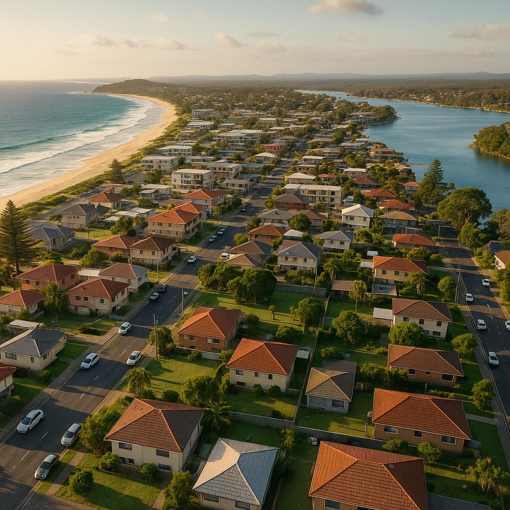 Forster NSW coastal town with beaches, lake edges, and low-rise homes