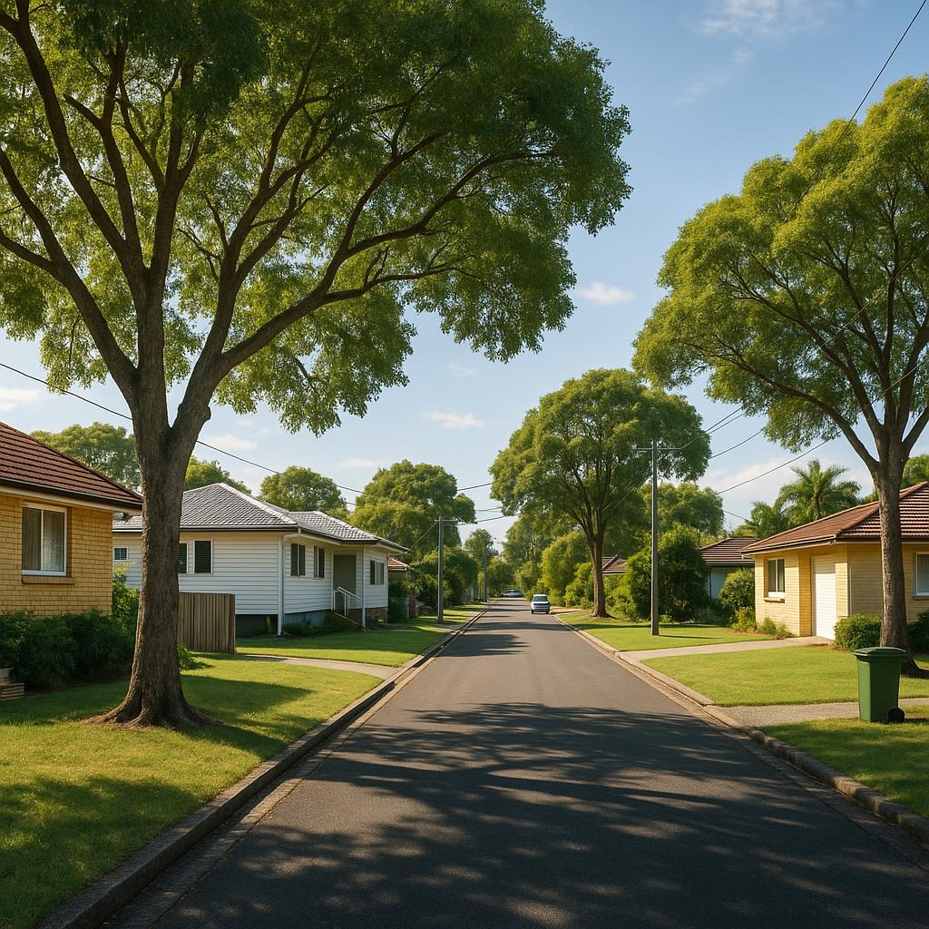 Established Geebung street with low-set homes and mature trees
