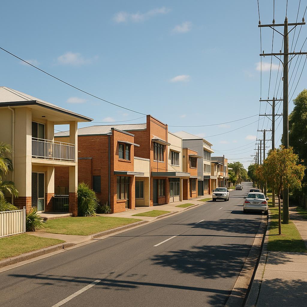 Photorealistic central Queensland CBD streetscape with low-rise homes and mixed-use buildings