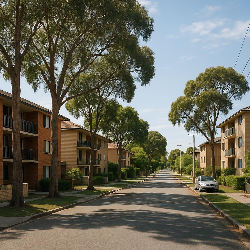 Glendalough WA streetscape with low-rise apartments and mature trees