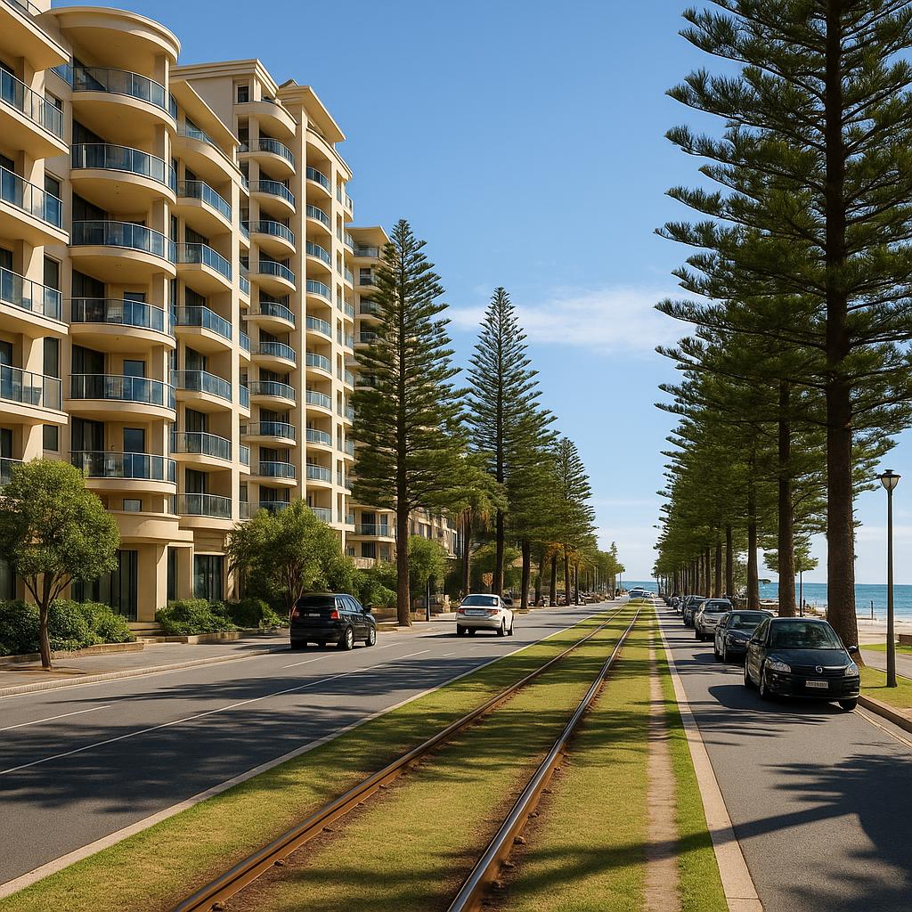 Glenelg beachside streetscape with apartments and tram corridor